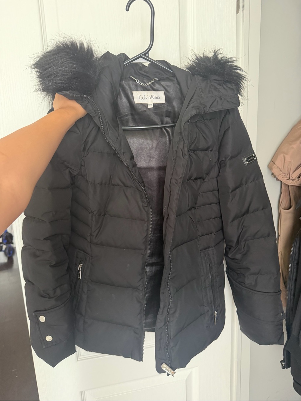 Calvin Klein Black Quilted Puffer Jacket with Faux Fur Trim
